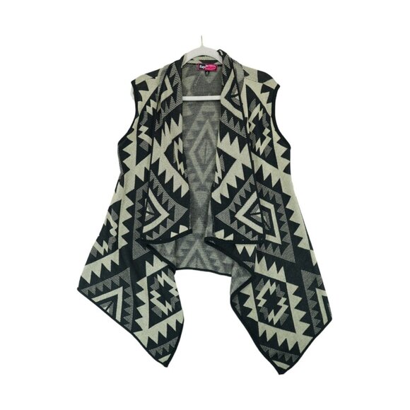 NWT Say What Womens Open Sweater Cardigan Black‎ Beige M Vest Aztec Tribal, EUC - Picture 1 of 6